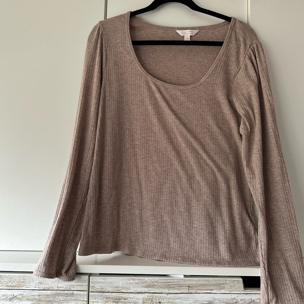 🤎 LC Lauren Conrad Ribbed Knit Top XXL Bell Sleeve Stretch Blouse
